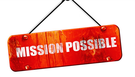 A rustic red wooden sign with white text MISSION POSSIBLE hangs from a string. Clear details and vibrant colo...の素材