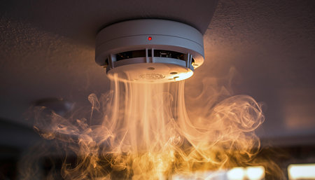 A smoke detector on a ceiling emits dense smoke, its red indicator light illuminated.の素材