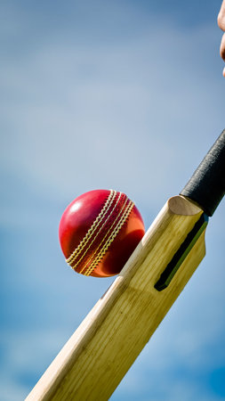 A red cricket ball is in the air near a wooden cricket bat. Clear details and vibrant colors enhance visual a...の素材