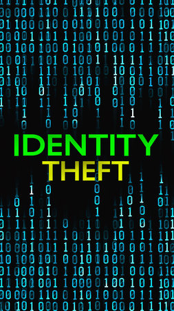 Binary code cascades down a black screen with "IDENTITY THEFT" in green and yellowの素材