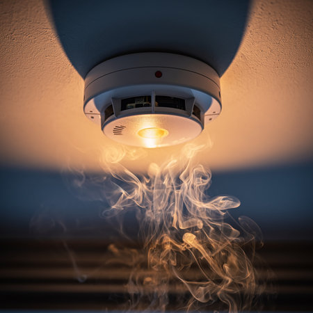 A smoke detector on a ceiling emits wisps of smoke, illuminated by a warm orange light.の素材