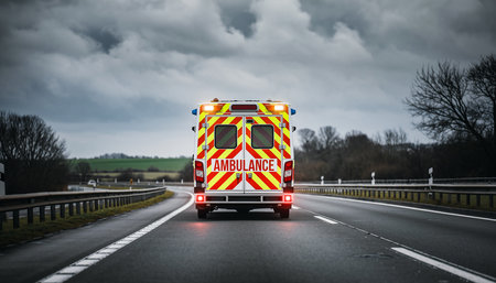 Ambulance driving on a wet road with flashing lights under a cloudy sky Clear details and vibrant colors enha...の素材