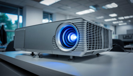 A modern digital projector with a blue light is placed on a table in an office. Clear details and vibrant col...の素材
