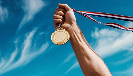 A hand proudly holds a gold medal with a colorful ribbon against a blue sky. Clear details and vibrant colors...の素材