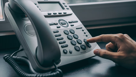 A hand presses a button on a silver office desk telephone with a coiled cord. Clear details and vibrant color...の素材