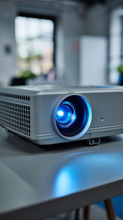 A modern digital projector emits a bright blue light from its lens. Clear details and vibrant colors enhance ...の素材