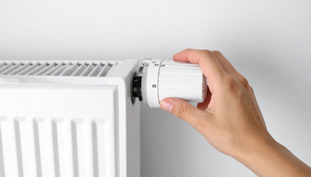 Female hand adjusting thermostat on white radiator indoors, closeupの素材