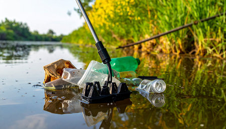 Fishing tackle on the background of the lake and plastic garbage.の素材