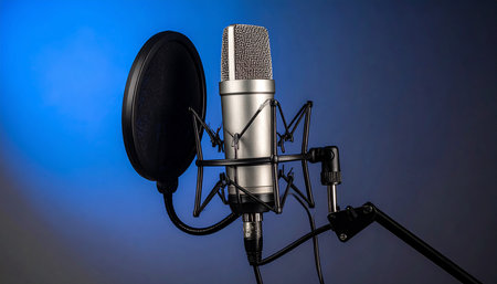 Audio recording studio condenser microphone on blue background. Studio shot.の素材