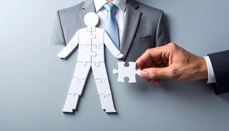 Businessman holding jigsaw puzzle piece with missing piece, business solutions conceptの素材