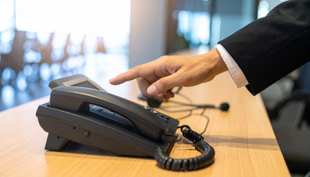 Close up of businessman hand using telephone in meeting room at office.の素材
