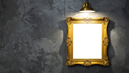 Old picture frame with lamp on concrete wall background. Copy space.の素材