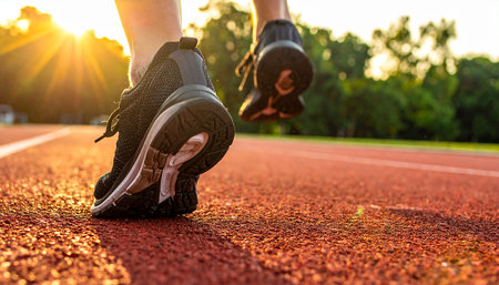 Runner feet on running track at sunrise. woman fitness jogging workout wellness concept.の素材