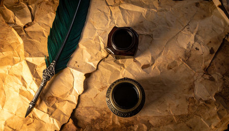 Old quill and inkwell on old paper. Retro style.の素材