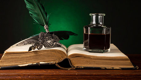 Old book with quill pen and ink bottle on dark green backgroundの素材