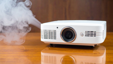 Projector with smoke on wood table. Photo for your design.の素材