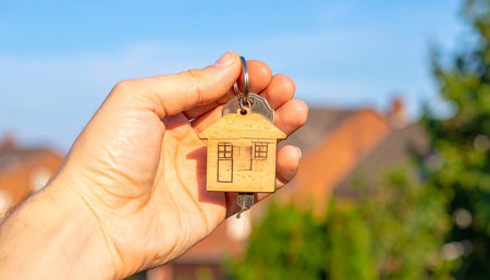 Hand holding a wooden house keychain with a house in the backgroundの素材