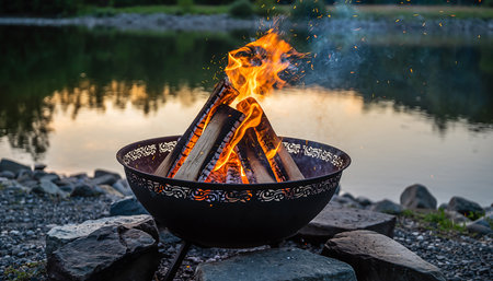 A decorative campfire burns in a metal bowl on a rocky shore by a lake at sunset.の素材