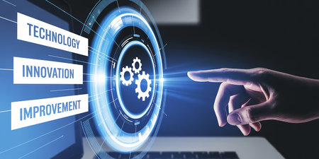 Hand touching a glowing digital interface with gears and text labels Technology Innovation Improvement.の素材