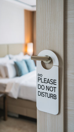 A white "Do Not Disturb" sign hangs on a hotel room door handle, with a bed visible inside.の素材