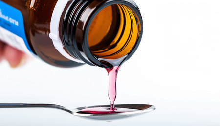 Amber glass bottle pouring pink liquid medicine onto a metal spoon Clear details and vibrant colors enhance v...の素材