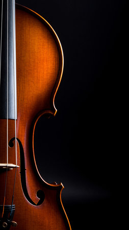Detailed close-up of a wooden violin body with f-holes and strings. Clear details and vibrant colors enhance ...の素材