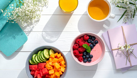 Healthy breakfast with berries, fruits and juice on white wooden tableの素材