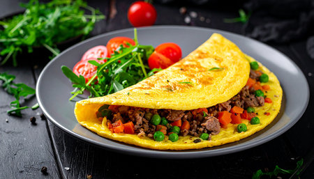 Omelet with meat, vegetables and arugula on black backgroundの素材