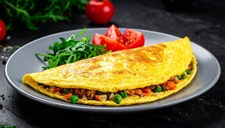 Omelet with vegetables and arugula on a black backgroundの素材