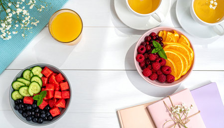 Healthy breakfast with fruits and berries on white wooden table, top viewの素材