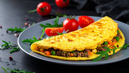 Omelette with meat, vegetables and arugula on black backgroundの素材