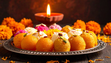 Indian Festival Diwali, Deepawali sweets with marigold flowersの素材