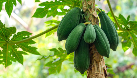 Papaya fruit on papaya tree in the garden, stock photoの素材