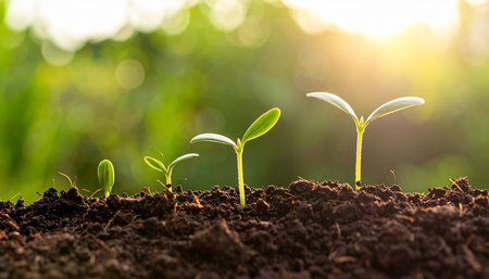 Green seedling illustrating concept of new life and investment in agriculture.の素材