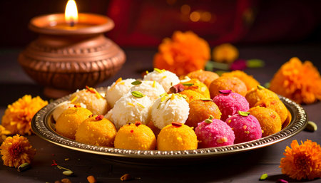 Rangoli of Assorted Assorted Desserts in a Bowlの素材