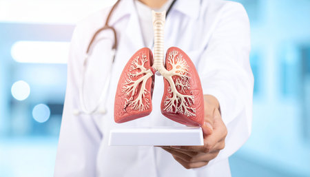 Close up of doctor with stethoscope holding lungs model on tabletの素材