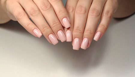 Amazing natural nails. Women's hands with clean manicure. Gel polish applied.の素材