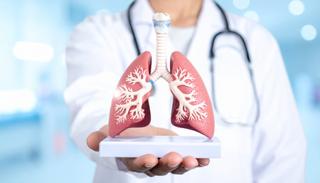 Doctor on blurred background holding lungs with stethoscope 3D renderingの素材