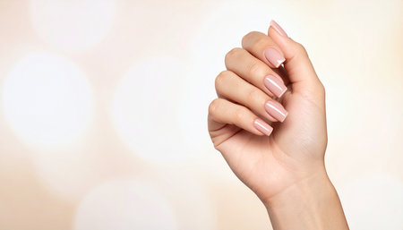 Female hand with beige nail design. Glitter pink nail polish manicure. Female hand with french manicure.の素材
