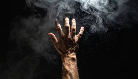 Close-up of a man's hand in white smoke on a black backgroundの素材