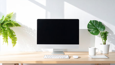 Minimal workspace with computer monitor, coffee cup and plant on wooden table.の素材