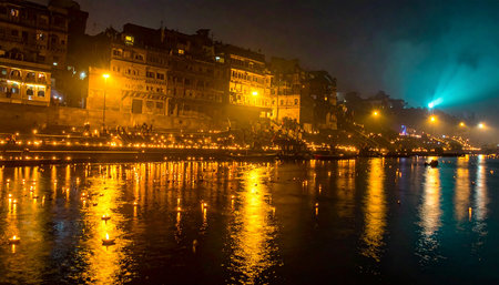 Night view of the holy city of Varanasi, India.の素材