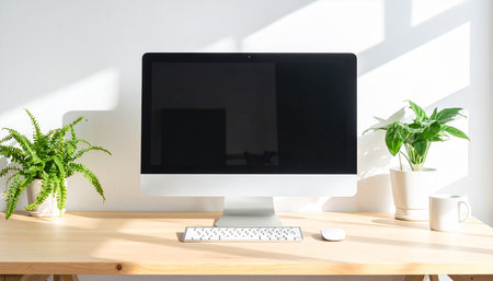 Minimalistic workspace with computer, coffee cup and plant on wooden tableの素材