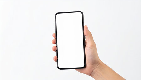 Mockup image of a hand holding black smartphone with blank screen isolated on white backgroundの素材