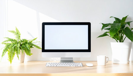 Close up of modern workspace with blank computer screen, keyboard, mouse, coffee cup and houseplant.の素材