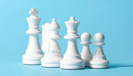 White chess pieces on a blue background. The concept of leadership.の素材