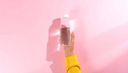 Female hand holding a bottle of water on a pink background with shadowの素材