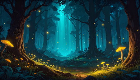 Fantasy forest background with magic fog and mushrooms. Vector illustration.の素材