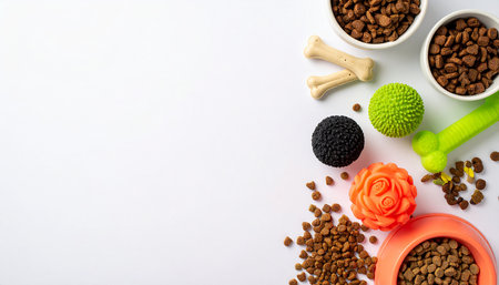 Dog food and toys on a white background. Top view with copy space.の素材