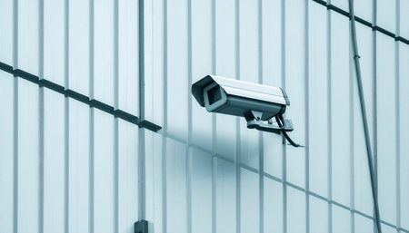 CCTV security camera on the wall of office building, blue toneの素材